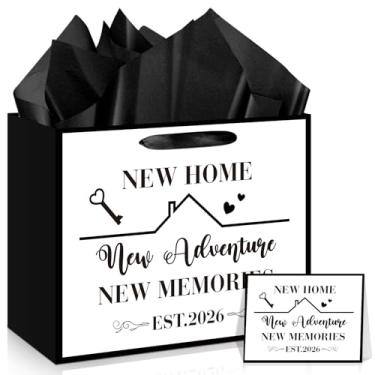 Imagem de Wayyogh Saco de presente de inauguração de casa com conjunto de papel de seda grande branco novo saco de embrulho para casa cartão de felicitações para amigos 2026 nova casa aventura aquecimento