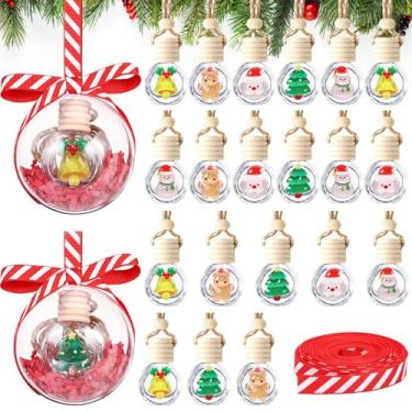 Imagem de Remerry 20 conjuntos de frascos difusores de purificador de ar de carro para pendurar de Natal com bola e fita de enfeite de plástico transparente Pacote de presente de Natal para fragrância de óleo