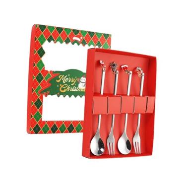 Imagem de IEUDNS Garfos e colheres para o Natal com caixa de presente Conjuntos de talheres Elegantes e criativos Talheres Colher de chá para cozinha Buffets de, Prata 4 Unidades