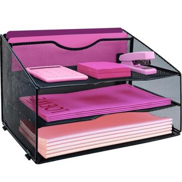 Imagem de ideallife Organizador de arquivos de mesa, suporte de pasta de arquivo de carta de malha com 3 bandejas de papel e 2 seções verticais verticais para material de escritório, espaço de trabalho - preto