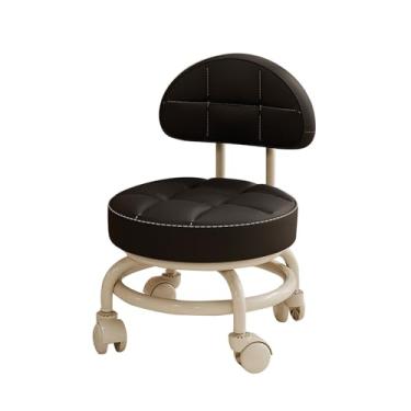 Imagem de Banqueta redonda giratória baixa com rodas giratórias e assento de couro PU para cozinha, escritório, biblioteca, banquinho pequeno com rodinhas para adultos (preto)