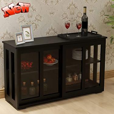 Imagem de 3FLQOOPP Aparador de buffet resistente com porta de vidro deslizante, melhor mesa de console de madeira Credenza com prateleira ajustável, sala de estar, sala de jantar, preta
