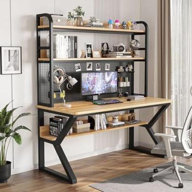 Imagem de ZDJZMGZ Mesa de computador com prateleiras, mesa de jogos com armazenamento, mesa doméstica em pé com prateleira de livros combinação integrada para espaço de trabalho e estudo (cor: prateleira preta