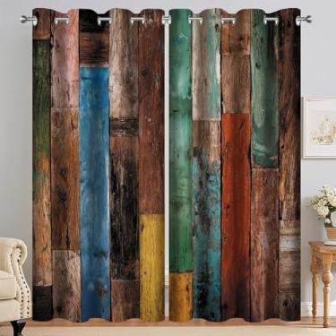 Imagem de Moonslim Cortinas blackout de tábuas de madeira coloridas rústicas, cortinas de janela de madeira vintage para celeiro de fazenda, escurecimento com isolamento térmico para decoração de quarto e sala