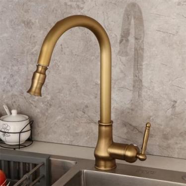 Imagem de KUYBTU Torneira de cozinha de latão giratória; torneira misturadora de pia de cozinha giratória montada no deck 2 modos torneiras pulverizadoras