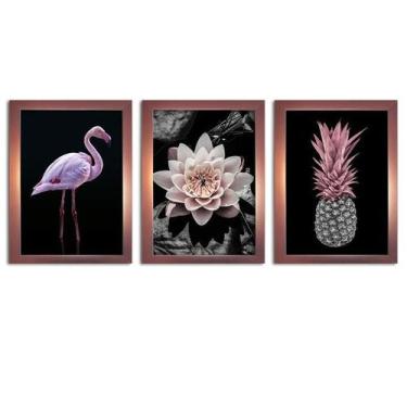 Imagem de Kit 3 Quadros Com Molduras Rose Flamingo Abacaxi - D'Cora