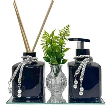 Imagem de Kit Lavabo Plástico PET Cubo Preto Saboneteira e Difusor + Vaso + Bandeja - Para Banheiro, Lavabo e Toalete(DOURADO)