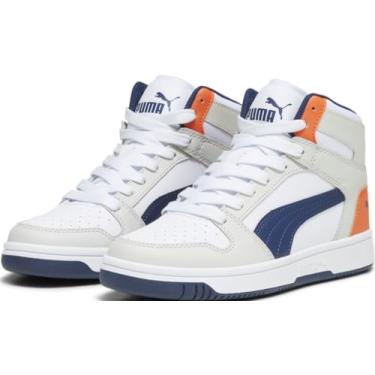Imagem de PUMA Tênis infantil unissex com gancho e laço de couro sintético Rebound Layup, Puma Branco/azul persa/cinza sedado/Hot He, 7 Big Kid