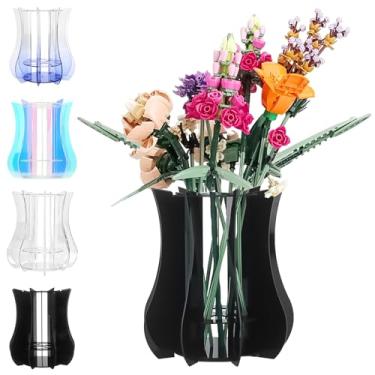 Imagem de Vaso de acrílico para flores Lego – suporte resistente para montar buquê de flores Lego, coleção botânica, rosas e orquídeas | Design de arranjo de 32 hastes (preto)