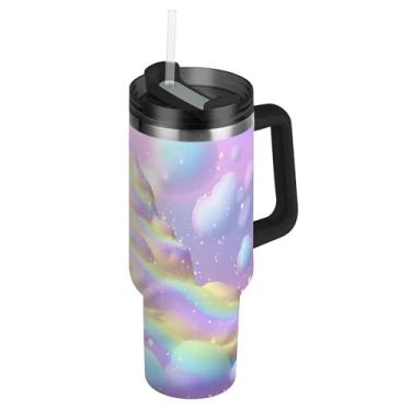 Imagem de Blueangle Copo de sorvete arco-íris de 1,134 g com alça e tampa de palha, caneca de viagem de aço inoxidável isolada a vácuo de parede dupla, garrafa de água reutilizável para academia de escritório