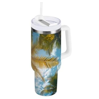 Imagem de Blueangle Copo isolado de 850 g com alça e tampa de canudo - Caneca de viagem de aço inoxidável à prova de vazamento, garrafa de água de palmeiras de verão a vácuo de parede dupla (120)