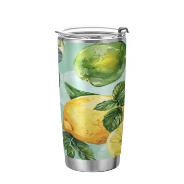 Imagem de xigua Copo de limão de verão com tampa de palha, caneca de viagem a vácuo de parede dupla, caneca de café bem isolada, copo de aço inoxidável para bebidas quentes e frias, 600 ml