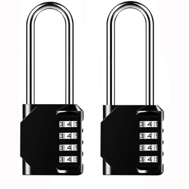 Imagem de BTSYBTS Pacote Com 2 Cadeados De Combinação Manilha Longa Btsybt, 4 Dígitos, Cadeado Preto Reajustável, Armário Metal Para Academia, Portão Externo, Galpão, Caixa Ferramentas, Cerca