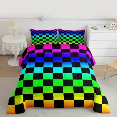 Imagem de Conjunto de edredom multicolorido, retrô, quadriculado, vintage, geométrico, colorido, para quarto de crianças, meninos, meninas, decoração moderna e estética
