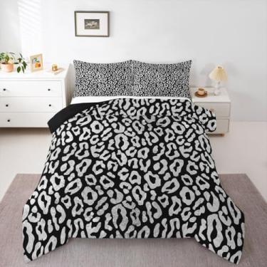 Imagem de jejeloiu Jogo de cama de leopardo macio para meninos e meninas, conjunto de edredom de guepardo, Queen, preto, edredom de microfibra, estampa animal, decoração de quarto, 3 peças com 2 fronhas