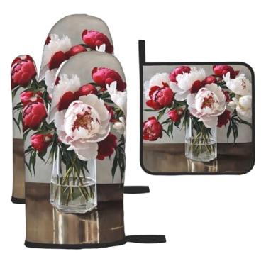 Imagem de Conjunto de cozinha essencial de 3 peças com flores de peônia, luvas resistentes ao calor e aderência da tampa, proteção para churrasco no forno, design de armazenamento suspenso.