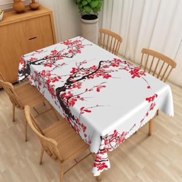 Imagem de Leyiyi Toalha de mesa japonesa flor de cerejeira pintura tinta flor impermeável toalha de mesa retangular flores vermelhas desabrochando ramo de cerejeira toalha de mesa cozinha sala de jantar