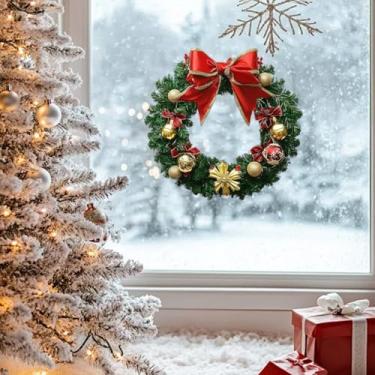 Imagem de Adesivos de janela de Natal com laço de glitter design de sino de Natal adesivos de janela estática dupla face reutilizáveis decalques de janela para decoração de porta de vidro de cafe shopping