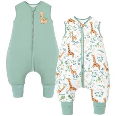 Imagem de Chilsuessy Saco de dormir para bebês com pés 2,5 TOG, cobertor vestível 100% algodão orgânico, pacote com 2 sacos de dormir recém-nascidos com zíper bidirecional, 6 a 18 meses, verde + girafa