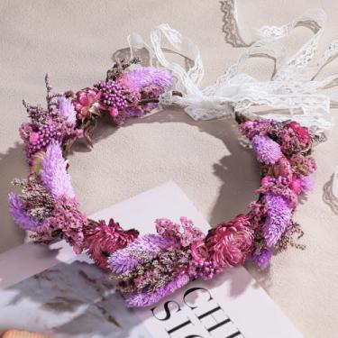 Imagem de Nuanchu Tiara de casamento de flores secas coroa de flores reais tiara de dama de honra com fita adereços para fotos de maternidade (roxo, clássico)