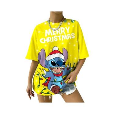Imagem de Camiseta Feminina Oversized Disney Stitch De Natal Manga Curta Casual 