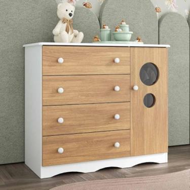 Imagem de Cômoda Infantil 95cm 1 Porta com Vidro e 4 Gavetas Sonho Multimóveis Mp4474 Branco/madeirado