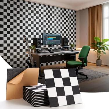 Imagem de Soundsbay Painéis de parede à prova de som, pacote com 12 fanels de espuma à prova de som para paredes autoadesivos, 30 cm × 30 cm × 0,10 cm, painéis acústicos decorativos brancos + pretos para porta