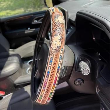 Imagem de Capa de volante universal para carro cowboy ocidental retrô ocidental, couro pintado à mão, acessórios de carro ocidental, design antiderrapante fácil de instalar. (#F)
