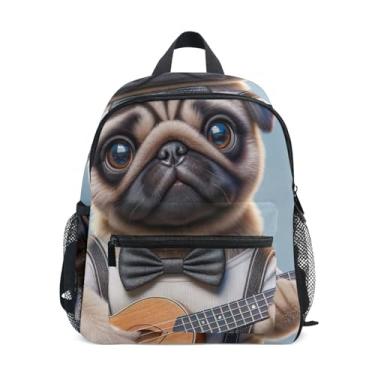 Imagem de GAIGEO Puppy Ukulele Pug Dog Backpack for School Kids 10x4x12 In, Backpack for Kindergarten Girls with Water Bottle Pockets, Whistle Buckle