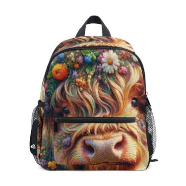 Imagem de GAIGEO Floral Highland Cow Kids Backpack with Whistle, Adjustable Chest Strap, Girl Backpack Lightweight & Compact for Ages 3-8