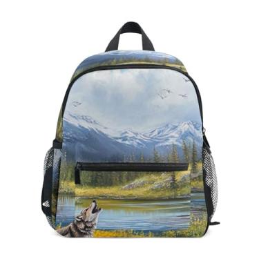 Imagem de GAIGEO Wolf Howling Spring Landscape Mini Kids Backpack Backpack for Toddler Boys with Front Pocket, Safety Whistle for Ages 3-8