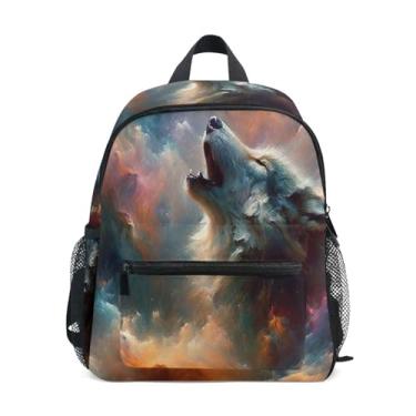 Imagem de GAIGEO Space Wolf Howling Toddlers Backpack 10x4x12 In, School Backpack for Girls with Water Bottle Pockets, Whistle Buckle