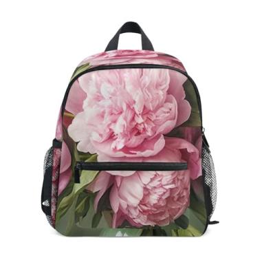 Imagem de GAIGEO Bouquet Pink Peonies Flowers Toddler School Backpack 10x4x12 In, Little Girls Backpack with Water Bottle Pockets, Whistle Buckle