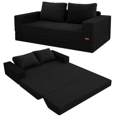 Imagem de COMAX Sofá-cama Queen conversível, sofá dobrável de veludo cotelê, sofá-cama com travesseiros, sofá desdobrável e desossado, colchão confortável para sala de estar, quarto, preto