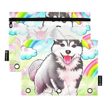 Imagem de GAIGEO Bolsa de lápis de trabalho para fichário de 3 anéis, fichário com zíper, bolsas transparentes para fichários escolares, bolsos fofos de cachorrinho husky, pele de arco-íris, 25 x 18 cm, 2