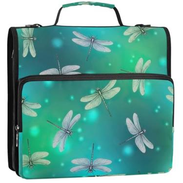 Imagem de Organizador de fichário com zíper, libélulas, verde-petróleo, 3 anéis, bolsa escolar fofa com alça de ombro, comporta 500 lençóis, 34,5 x 31,5 x 9 cm
