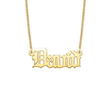 Imagem de QeenseKc Colar com nome em inglês antigo personalizado banhado a ouro com pingente de joia para presente de Natal, mulheres e homens, Aço inoxidável, Sem Pedra Preciosa