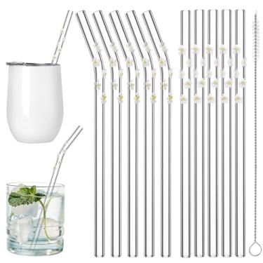 Imagem de Yoande 10 peças de canudos de vidro com ícones de margarida lindos canudos reutilizáveis escova de vidro em forma de flor transparente sugador de festa de primavera decoração de despedida de solteira