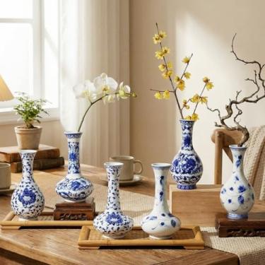 Imagem de LemonRoad 6 peças de vasos de porcelana azul e branco 14 cm de altura, mini chinoiserie clássico, vaso de flores de cerâmica para decoração de casa, escritório, festa e eventos (clássico)