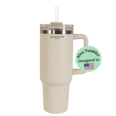 Imagem de Practical Pours Caneca térmica de 1,2 l com alça para água, café, bebidas frias e quentes | Design de parede dupla de aço inoxidável, canudo largo, tampa ajustável | Fácil de limpar, sem BPA, creme