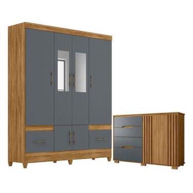 Imagem de Guarda Roupa Casal MS912 com espelho e Cômoda Texas Freijó Cinza  Mova