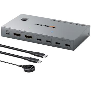 Imagem de KCEVE KVM Switch 2 monitores, 2 laptops USB C, switch KVM Dual Monitor HDMI 4K @60Hz para 2 laptops, compartilhe 4 dispositivos USB 3.0 com PD de 80 W, com 2 cabos USB-C e controle remoto com fio