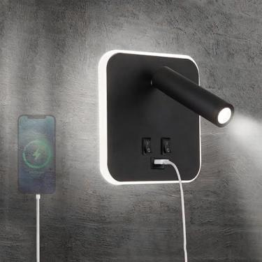 Imagem de LED apliques de parede com interruptor e porta de carregamento USB candeeiros de parede giratórios 330° holofote iluminação luz de leitura quarto cabeceira sala de estar hotel (quadrados pretos, luz