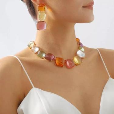Imagem de N-L0362-Conjunto Feminino Colar e Brinco Colorido Quadrado Resina Fest