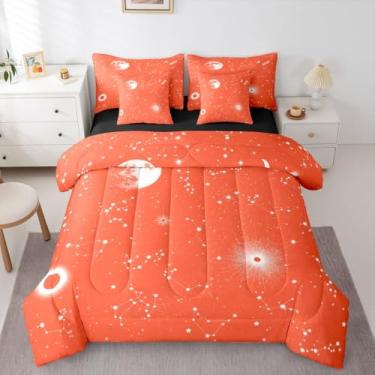 Imagem de Erosebridal Jogo de cama King com céu estrelado e planeta, galáxia laranja, 7 peças, com lençol de constelação, espaço sideral, noite, céu estrelado, espaço, conjunto de cama com 2 fronhas