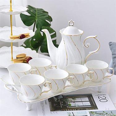 Imagem de Conjunto de chá 8 peças acabamento dourado porcelana vitrificada serviço de café e chá com 6 peças xícaras e bandeja chá da tarde conjunto de chá de cerâmica doméstico (cor: multicolorido tamanho