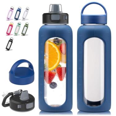 Imagem de Kodrine Garrafa de água de vidro motivacional de 947 ml azul marinho/borossilicato com canudo e 2 tampas, manga de silicone, marcador de tempo, pode ser lavada na lava-louças e livre de BPA para
