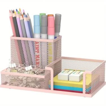 Imagem de Organizador de Canetas 3 Compartimentos – Para Mesa de Escritório e Estudo, Organizador Compacto e Funcional(Metal Candy Color Rosa)
