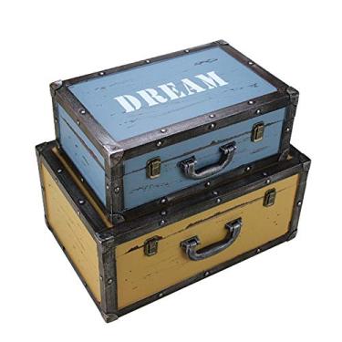 Imagem de pcagfaajmh Conjunto durável de 2 baús de armazenamento azul-marinho caixa de armazenamento retrô mala decoração de janela exibição ornamentos de decoração para projeto de artesanato doméstico (cor