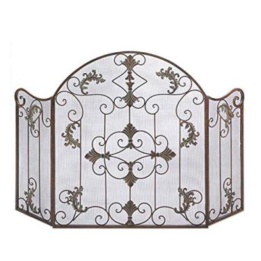 Imagem de CGKs6anmU Tela dobrável para lareira de ferro forjado de 3 painéis - Capa de malha decorativa de metal para ambientes externos, estrutura de proteção contra faíscas de segurança sólida, bronze